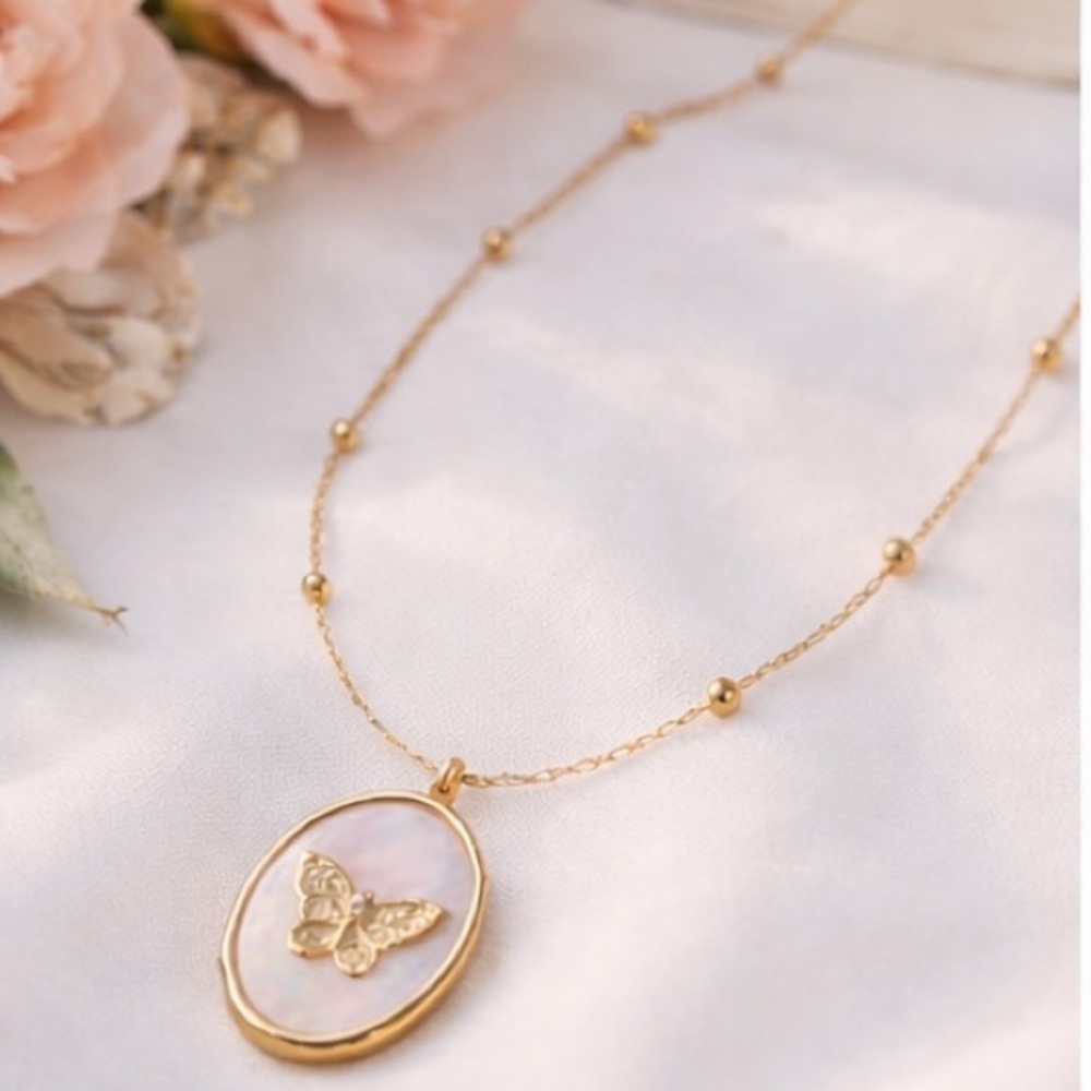 Gold Butterfly Locket Necklace | Mother of Pearl Pendant | Adjustable Chain - Picture 6 of 7